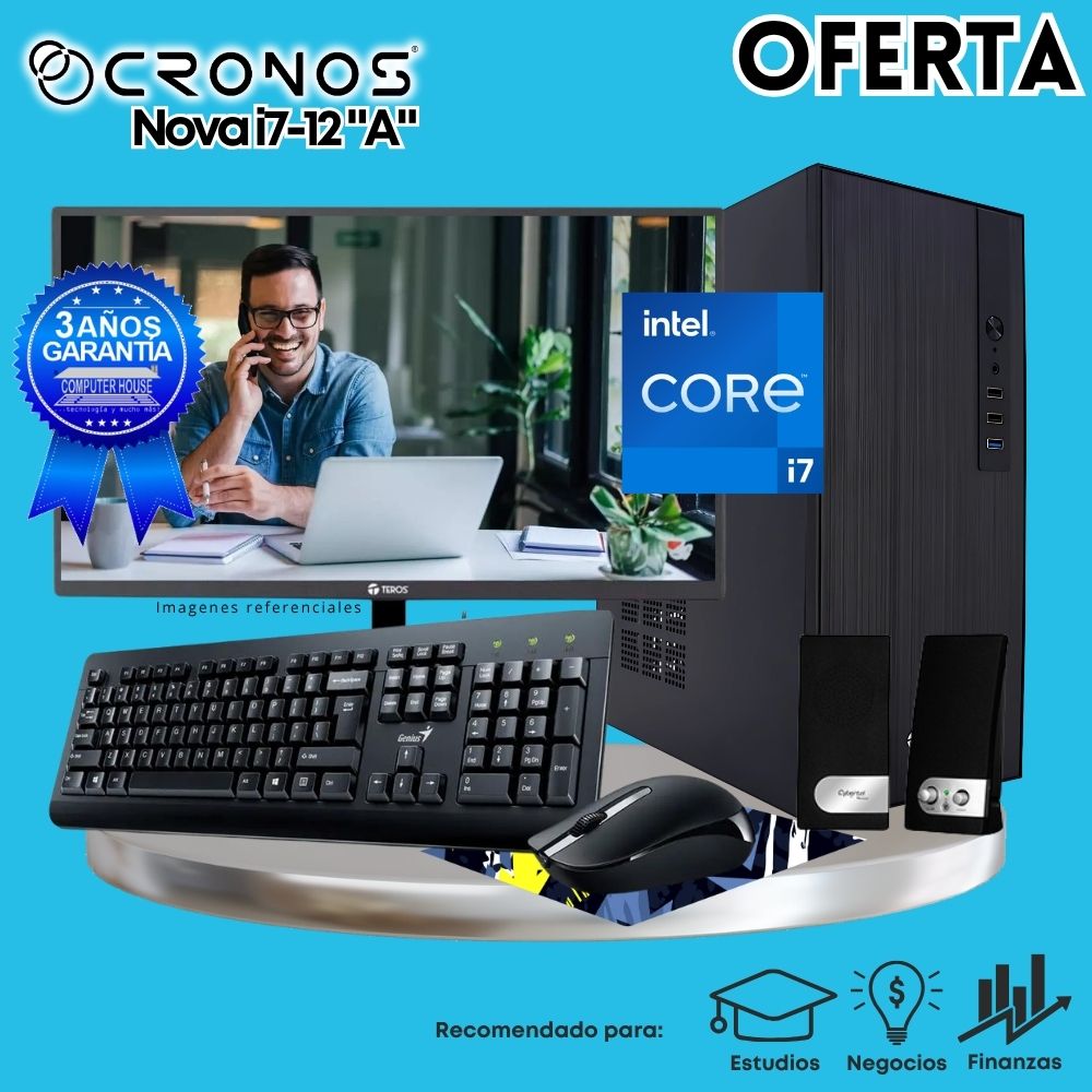 OFERTA: PC CRONOS Nova i7-12 "A", RAM 8GB, SSD 250GB, Monitor 24″ FHD, Kit Teclado + Mouse, Parlantes.