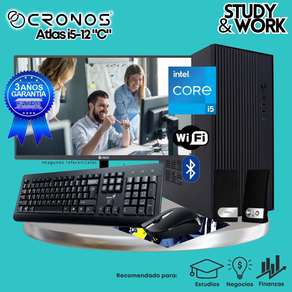 PC CRONOS Atlas i5-12 "C", RAM 16GB, SSD 1TB, Monitor 24″ FHD, Wi-Fi & Bluetooth, Kit Teclado + Mouse, Parlantes o Audífono.