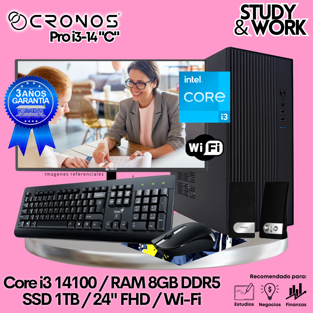 PC CRONOS Pro i3-14 "C", 8GB DDR5 RAM, 1TB SSD, 24″ FHD Monitor, Wi-Fi, Keyboard + Mouse Kit, Speakers or Headphones.