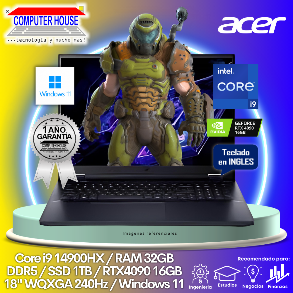 Laptop ACER Predator, Core i9-14900HX, RAM 32GB DDR5, SSD 1TB, Video RTX4090 16GB, 18″ WQXGA 240Hz, Teclado en Inglés, Windows 11.