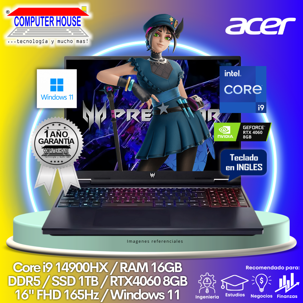 Laptop ACER Predator, Core i9-14900HX, RAM 16GB DDR5, SSD 1TB, Video RTX4060 8GB, 16″ FHD 165Hz, Teclado en Inglés, Windows 11.