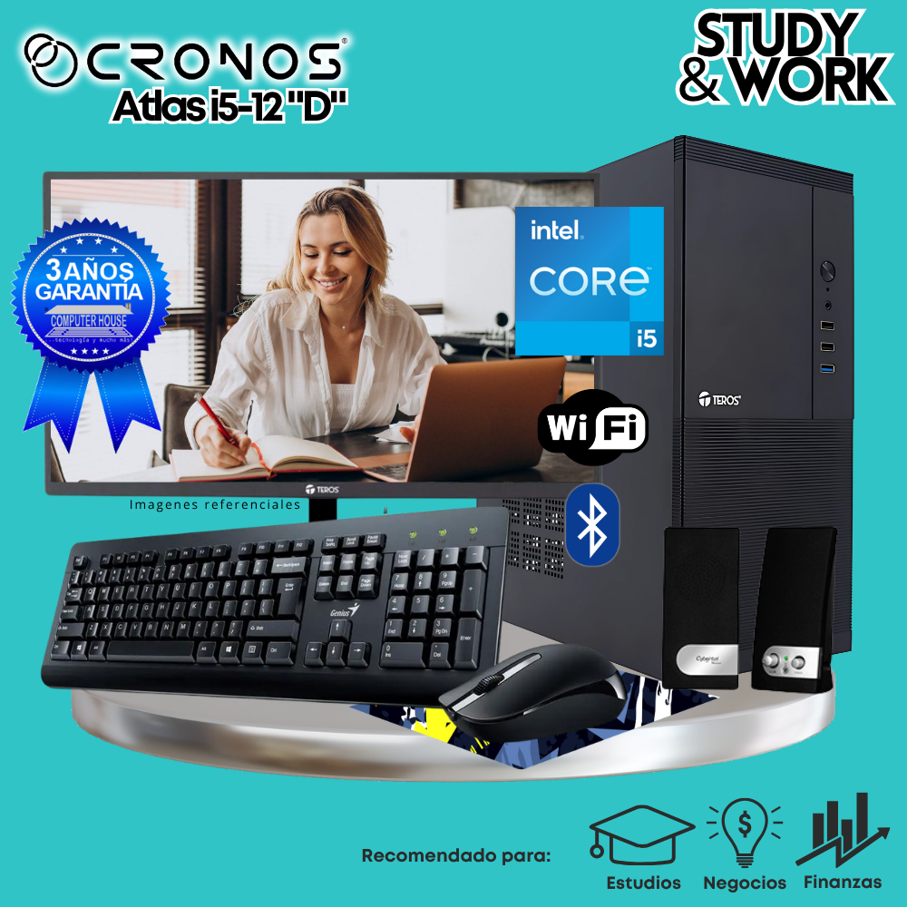 PC CRONOS Atlas i5-12 "D", RAM 16GB, SSD 1TB, Monitor 27″ FHD, Wi-Fi & Bluetooth, Kit Teclado + Mouse, Parlantes o Audífono.
