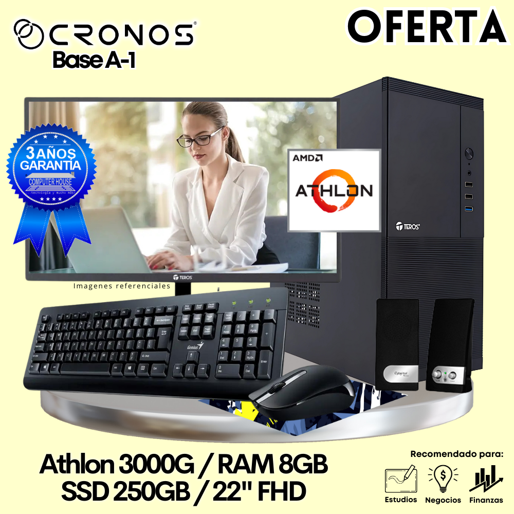 OFERTA: PC CRONOS Base A-1, RAM 8GB, SSD 250GB, Monitor 22″ FHD, Kit Teclado + Mouse, Parlantes o Audífono.