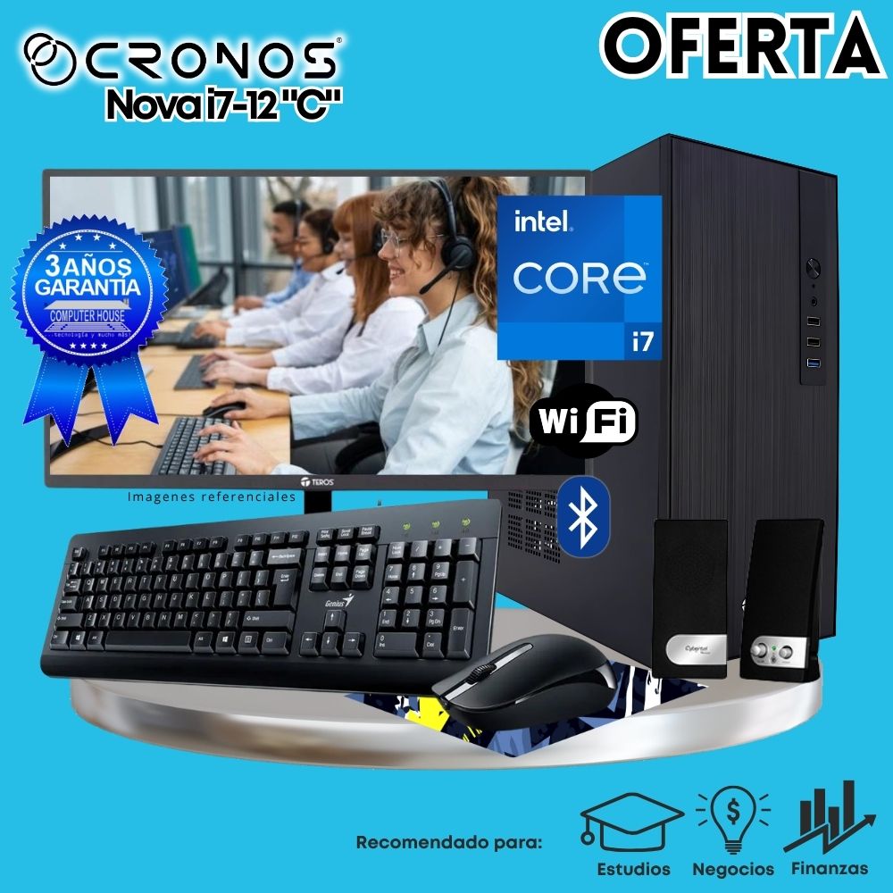 OFERTA: PC CRONOS Nova i7-12 "C", RAM 16GB, SSD 500GB, Monitor 24″ FHD, Wi-Fi & Bluetooth, Kit Teclado + Mouse, Parlantes.