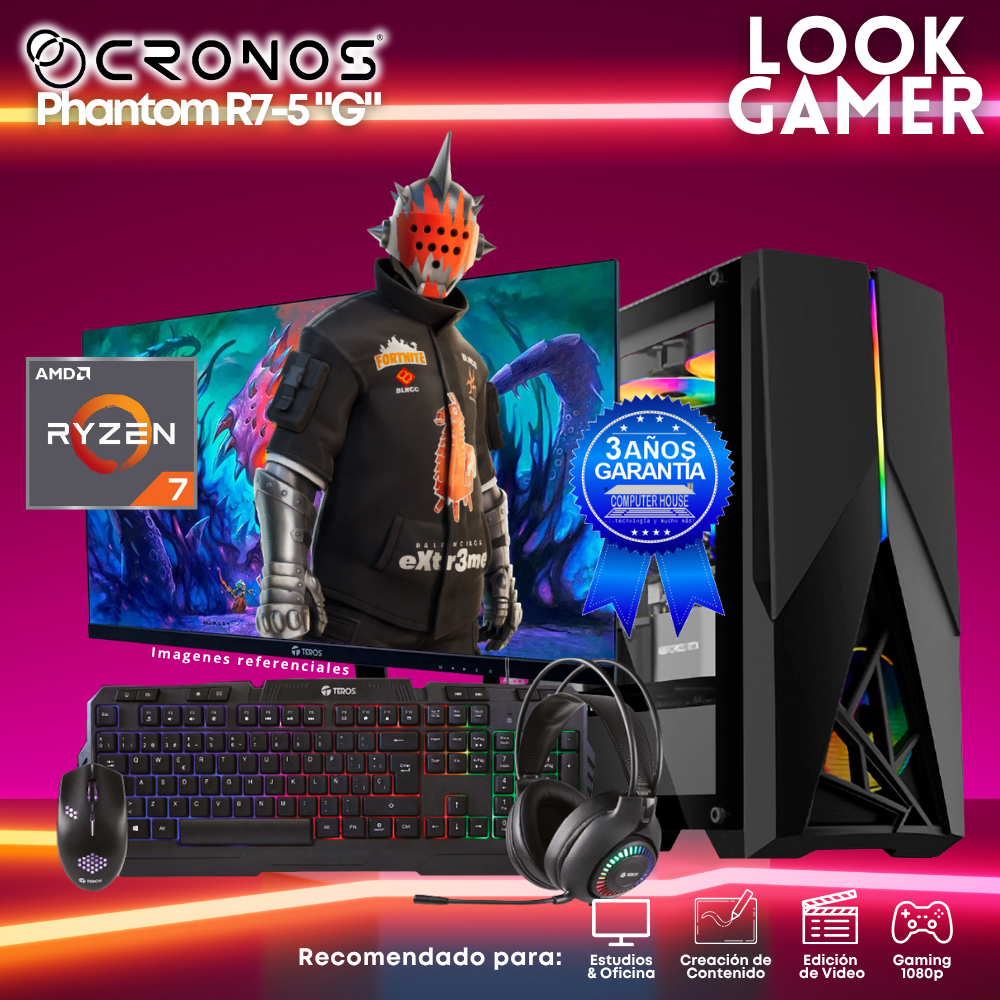 PC Look Gamer CRONOS Phantom R7-5 "G", RAM 16GB, SSD 1TB, Monitor 27″ FHD.