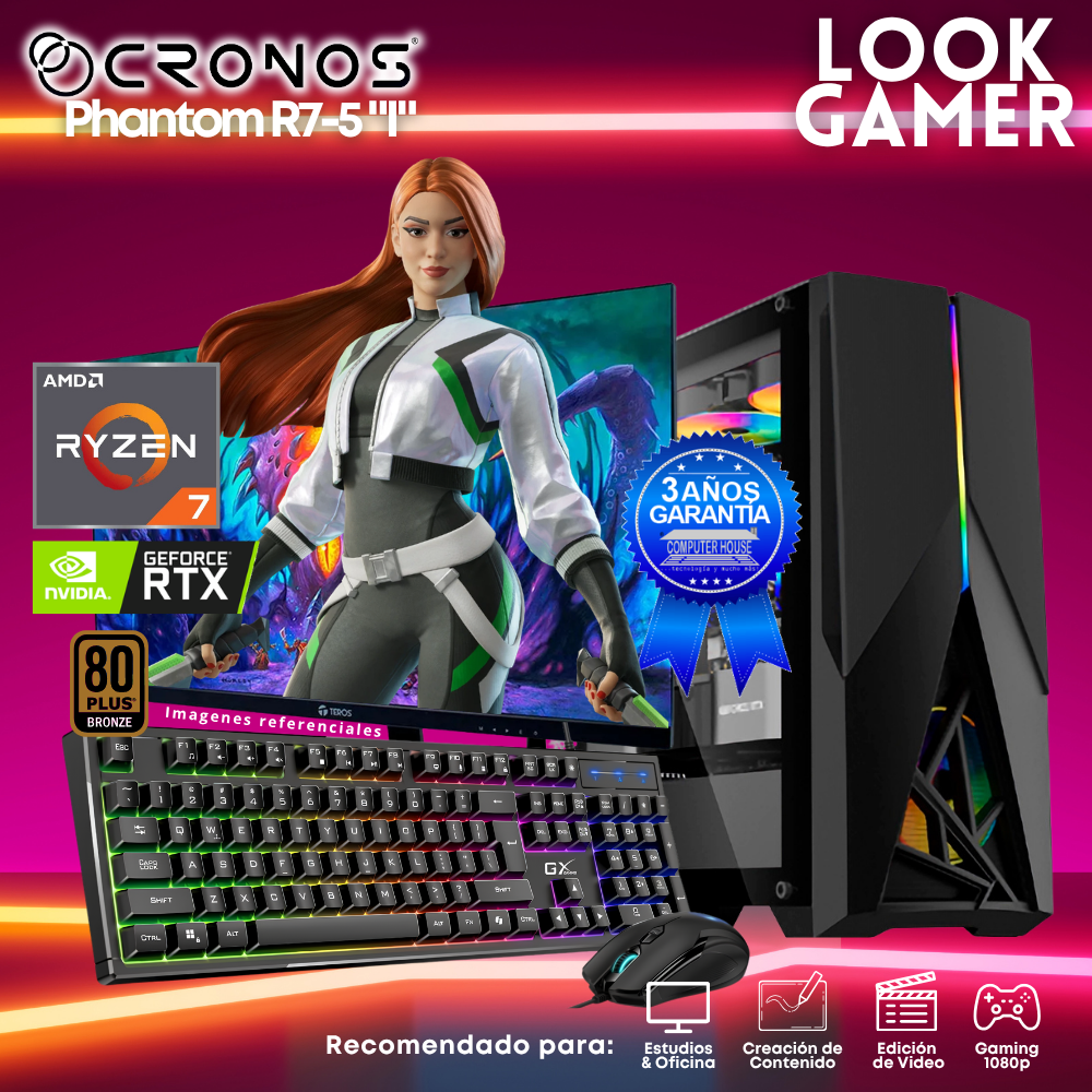 PC Look Gamer CRONOS Phantom R7-5 "I", RAM 16GB, SSD 1TB, Nvidia GeForce RTX5050 8GB, Monitor 27″ FHD.