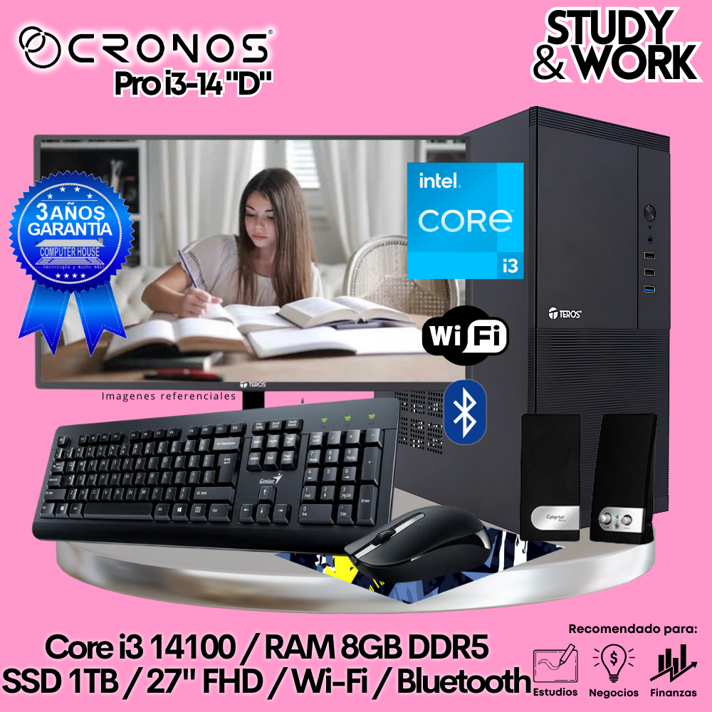 PC CRONOS Pro i3-14 "D", 8GB DDR5 RAM, 1TB SSD, 27″ FHD Monitor, Wi-Fi &amp; Bluetooth, Keyboard + Mouse Kit, Speakers or Headphones.
