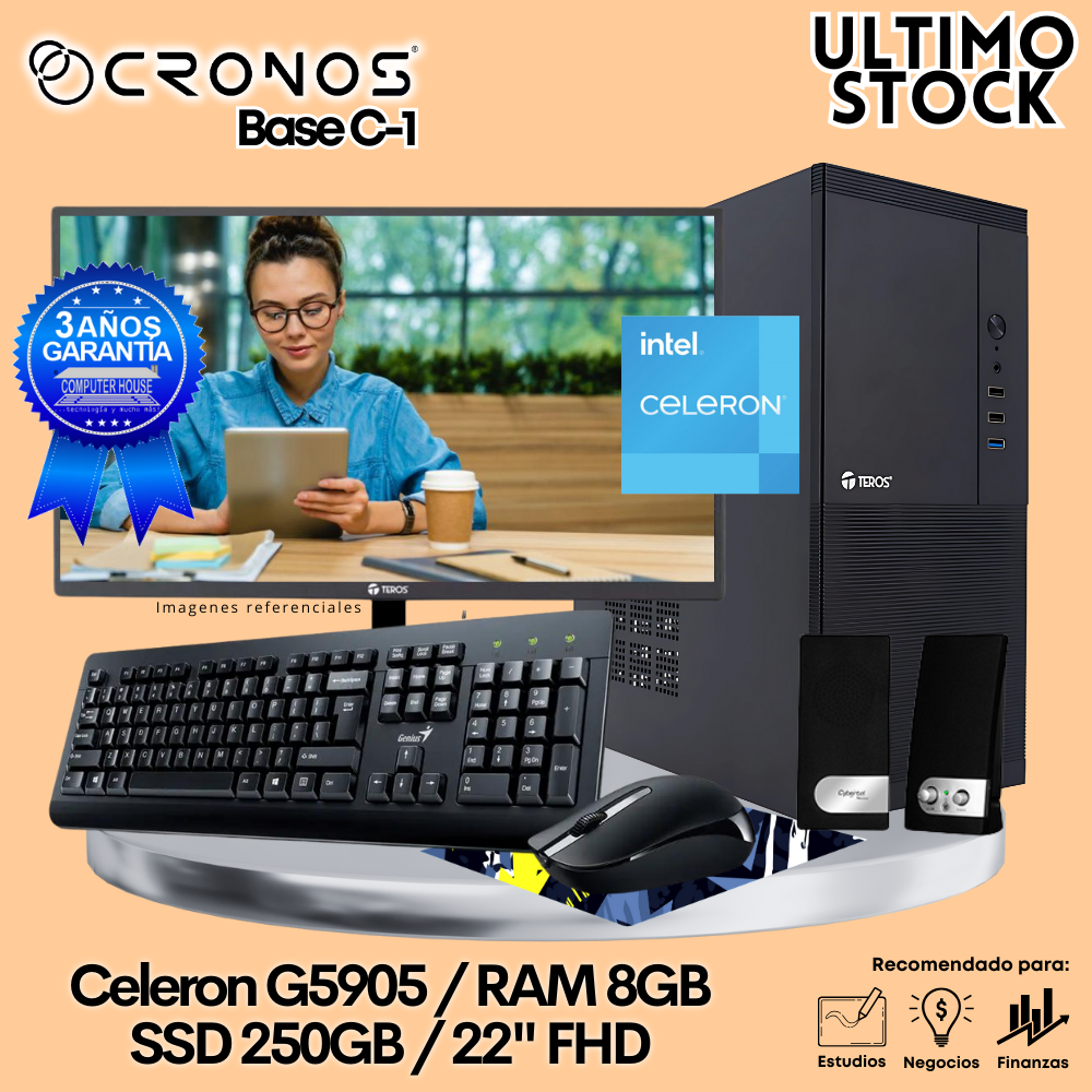 Ultimo Stock: PC CRONOS Base C-1, RAM 8GB, SSD 250GB, Monitor 22″ FHD, Kit Teclado + Mouse, Parlantes o Audífono.