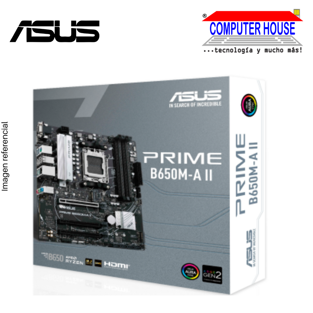 Motherboard ASUS PRIME B650M, chipset AMD B650, Socket AM5. Soporta Procesadores AMD Ryzen 7000, 8000 y 9000 Series.