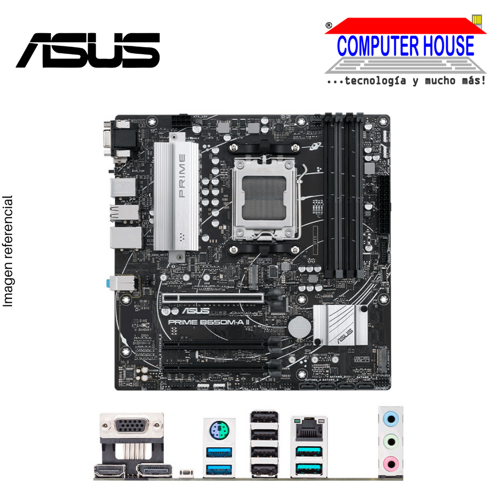 Motherboard ASUS PRIME B650M, chipset AMD B650, Socket AM5. Soporta Procesadores AMD Ryzen 7000, 8000 y 9000 Series.