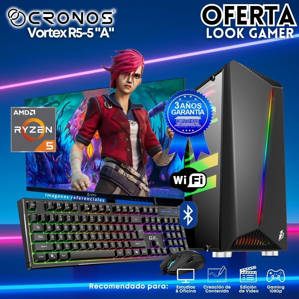 OFERTA: PC Look Gamer CRONOS Optimus R5-5 "A", RAM 8GB, SSD 500GB, Monitor 24″ FHD, Wi-Fi & Bluetooth, Kit Teclado + Mouse, Parlantes.