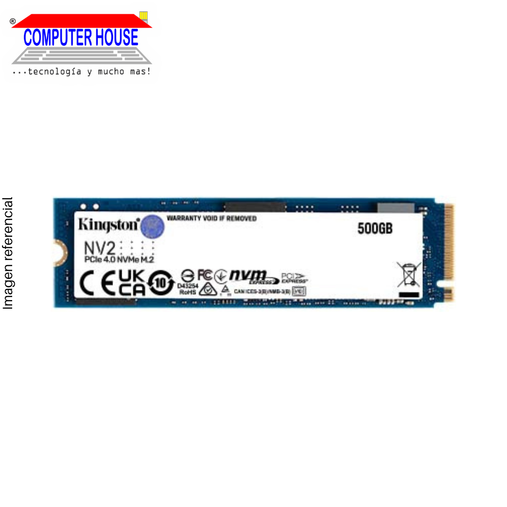 Disco Sólido SSD M.2 NVMe PCIe KINGSTON 500GB, NV2 (Lectura máxima 3500Mb/s, Escritura máxima 2100Mb/s).