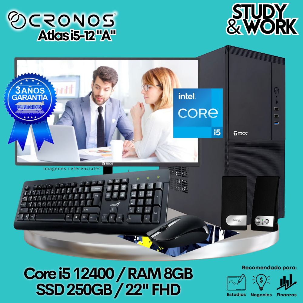 PC CRONOS Atlas i5-12 "A", 8GB RAM, 250GB SSD, 22″ FHD Monitor, Keyboard + Mouse Kit, Speakers or Headphones.