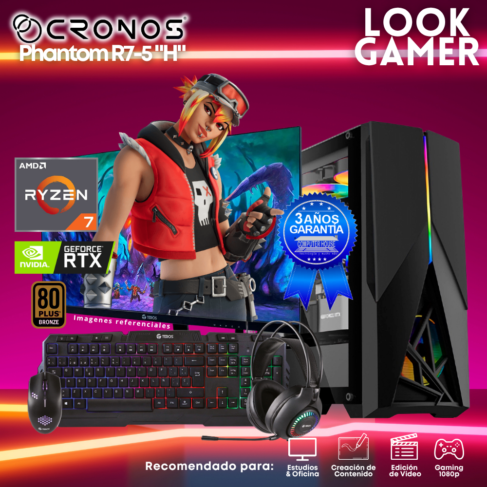 PC Look Gamer CRONOS Phantom R7-5 "H", RAM 16GB, SSD 500GB, Nvidia GeForce RTX3050 6GB, Monitor 27″ FHD.