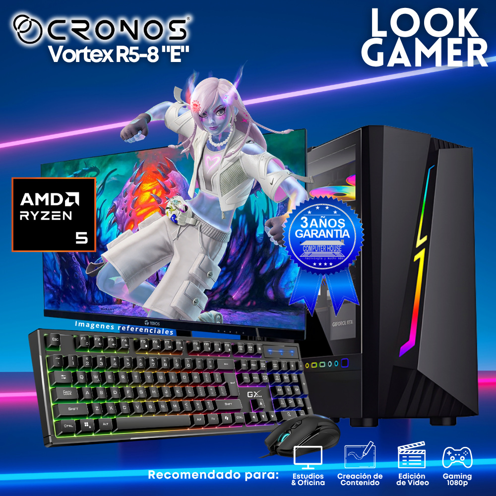 PC Look Gamer CRONOS Vortex R5-8 "E", RAM 8GB DDR5, SSD 500GB, Monitor 24″ FHD.