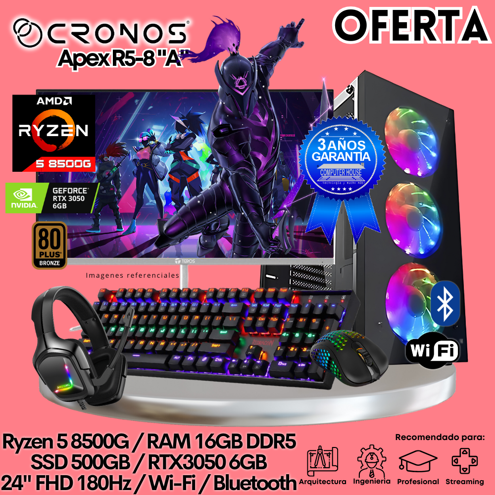 OFERTA: PC Xtreme CRONOS Apex R5-8 "A", RAM 16GB DDR5, SSD 500GB, RTX3050 6GB, Monitor 24″ FHD 180Hz, Wi-Fi & Bluetooth.