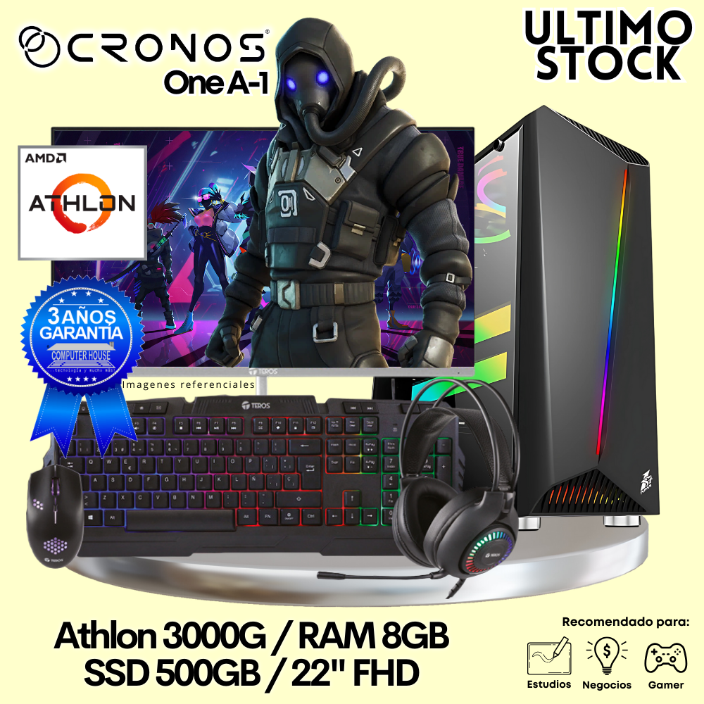 Ultimo Stock: PC Look Gamer CRONOS One A-1, RAM 8GB, SSD 500GB, Monitor 22″ FHD.