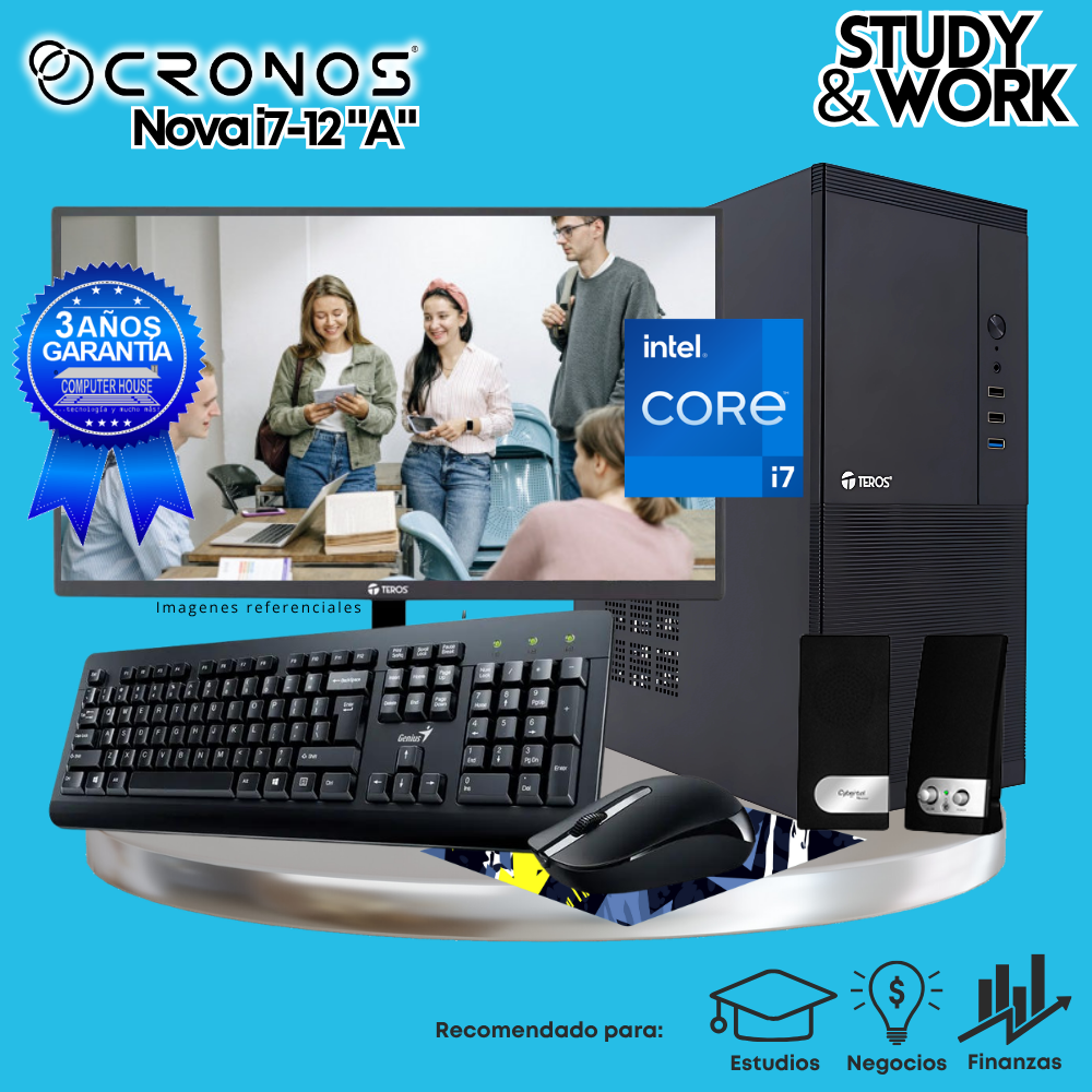 PC CRONOS Nova i7-12 "A", RAM 8GB, SSD 250GB, Monitor 24″ FHD, Kit Teclado + Mouse, Parlantes o Audífono.