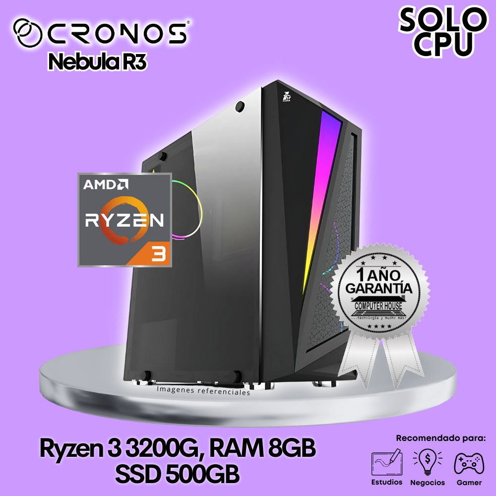 Solo CPU: Look Gamer CRONOS Nebula R3, RAM 8GB, SSD 500GB.