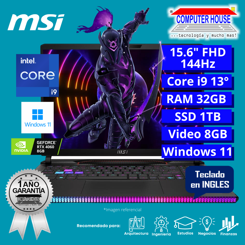 Laptop MSI Raider GE68HX, Core i9-13950HX, RAM 32GB, SSD 1TB, Video RTX4060 8GB, 15.6″ FHD 144Hz, Teclado en Inglés, Windows 11.