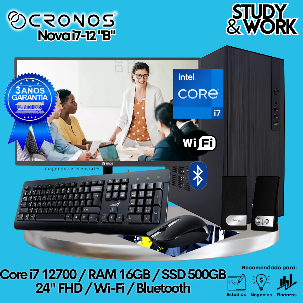 PC CRONOS Nova i7-12 "B", 8GB RAM, 500GB SSD, 24″ FHD Monitor, Wi-Fi, Keyboard + Mouse Kit, Speakers or Headphones.