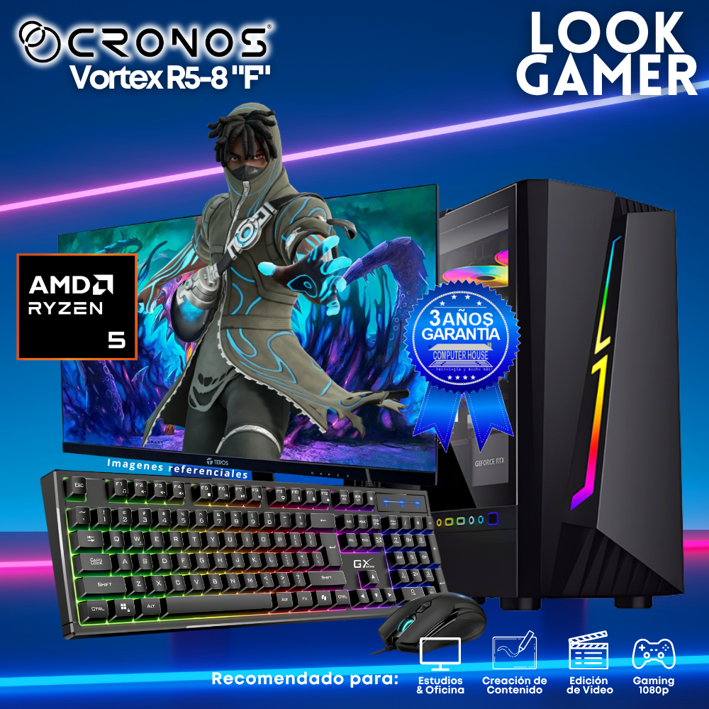 PC Look Gamer CRONOS Vortex R5-8 "F", RAM 16GB DDR5, SSD 500GB, Monitor 24″ FHD.