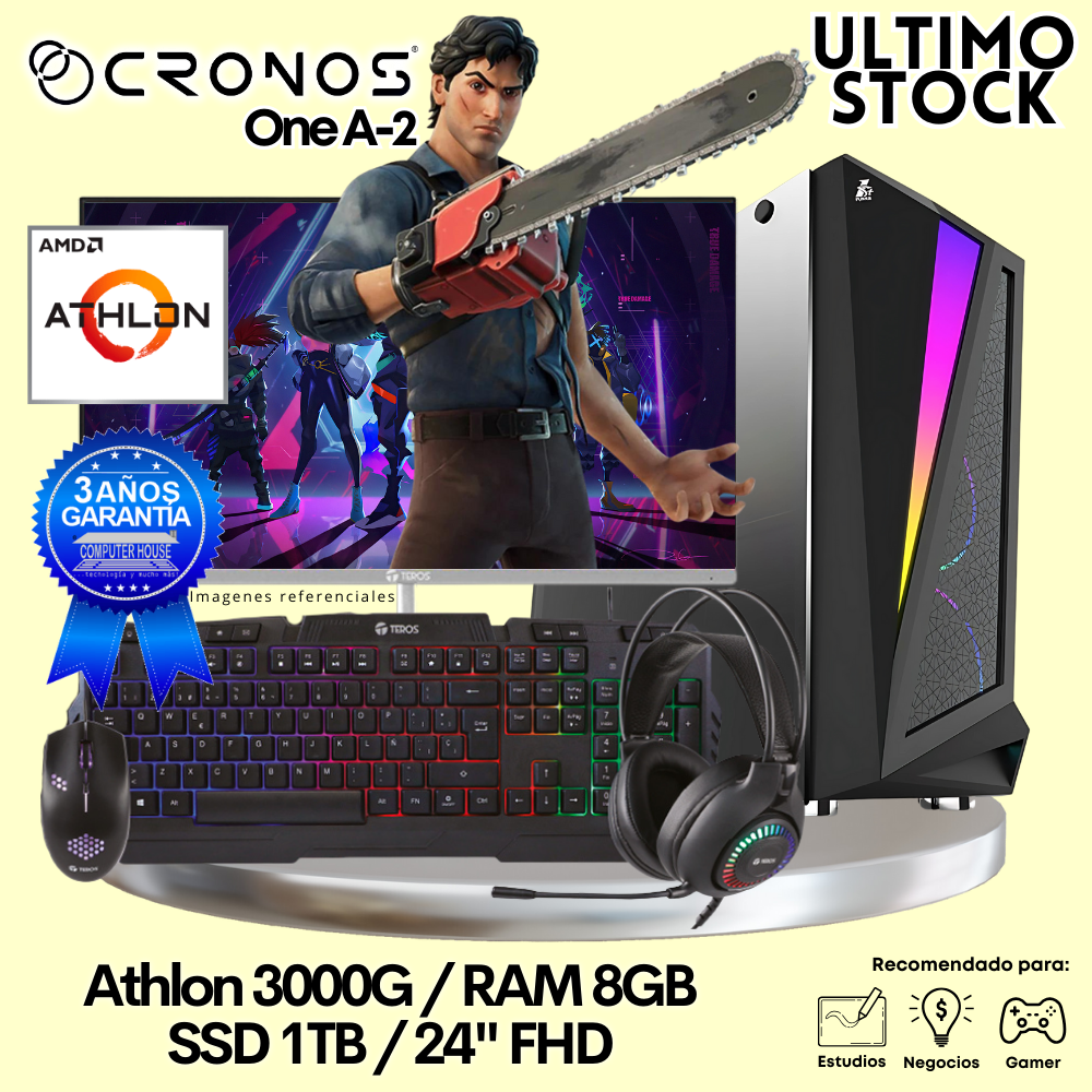 Ultimo Stock: PC Look Gamer CRONOS One A-2, RAM 8GB, SSD 1TB, Monitor 24″ FHD.