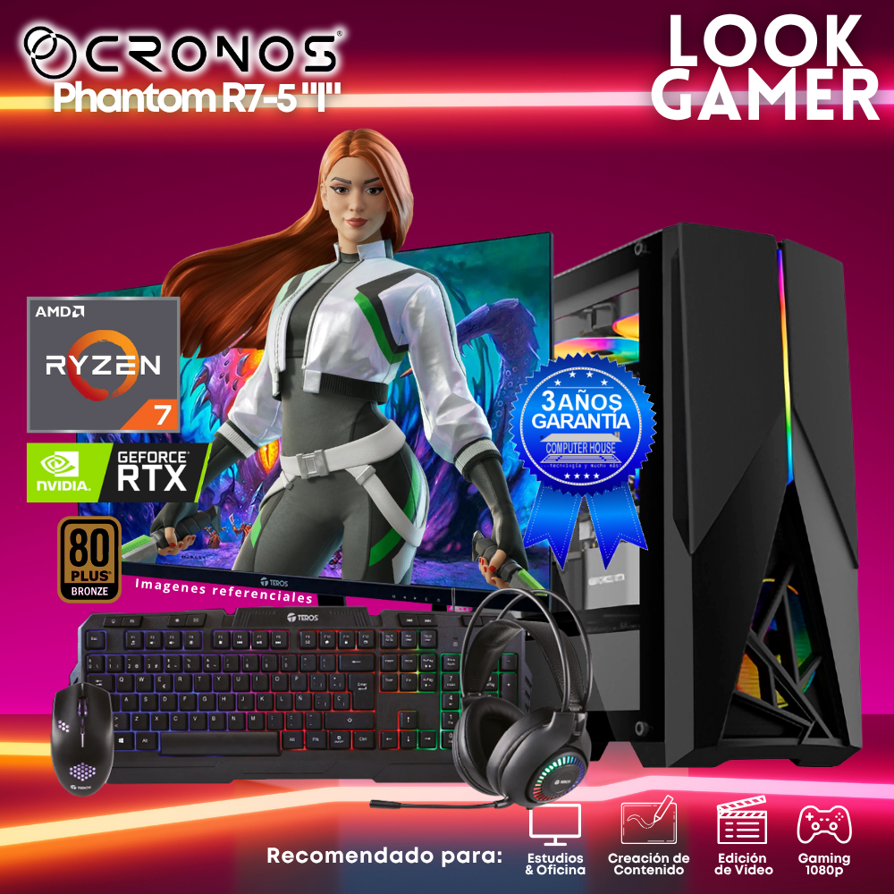 PC Look Gamer CRONOS Phantom R7-5 "I", RAM 16GB, SSD 1TB, Nvidia GeForce RTX5050 8GB, Monitor 27″ FHD.