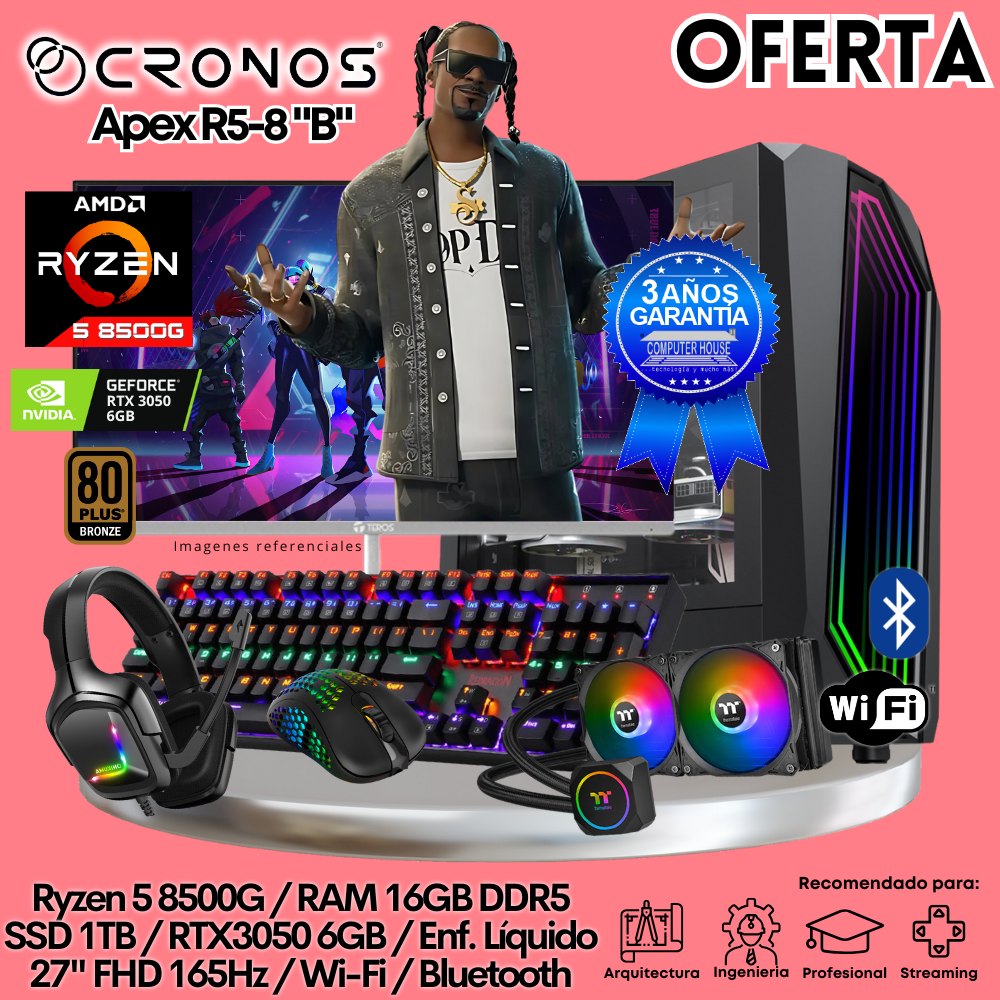 OFERTA: PC Xtreme CRONOS Apex R5-8 "B", RAM 16GB DDR5, SSD 1TB, RTX3050 6GB, Enfriamiento Líquido, Monitor 27″ FHD 165Hz, Wi-Fi & Bluetooth.