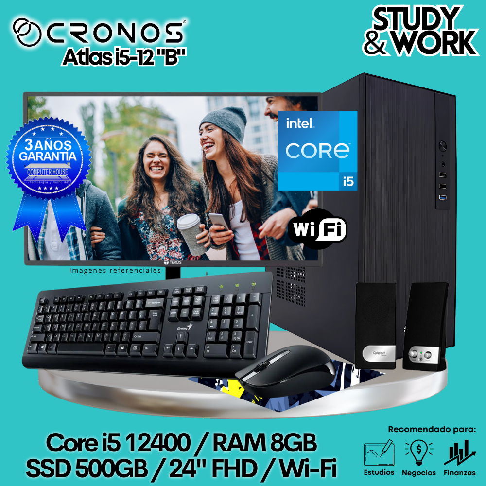 PC CRONOS Atlas i5-12 "B", 8GB RAM, 500GB SSD, 24″ FHD Monitor, Wi-Fi, Keyboard + Mouse Kit, Speakers or Headphones.