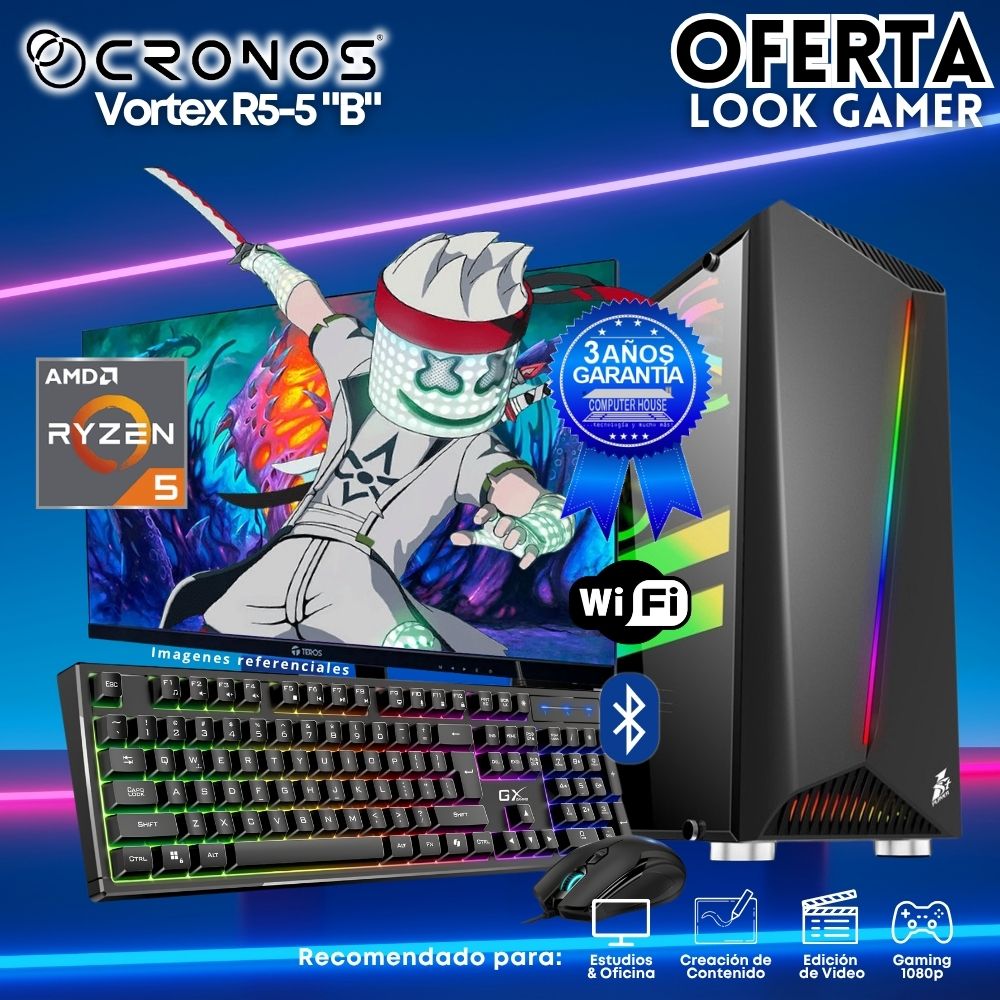 OFERTA: PC Look Gamer CRONOS Optimus R5-5 "B", RAM 16GB, SSD 500GB, Monitor 24″ FHD, Wi-Fi & Bluetooth, Kit Teclado + Mouse, Parlantes.
