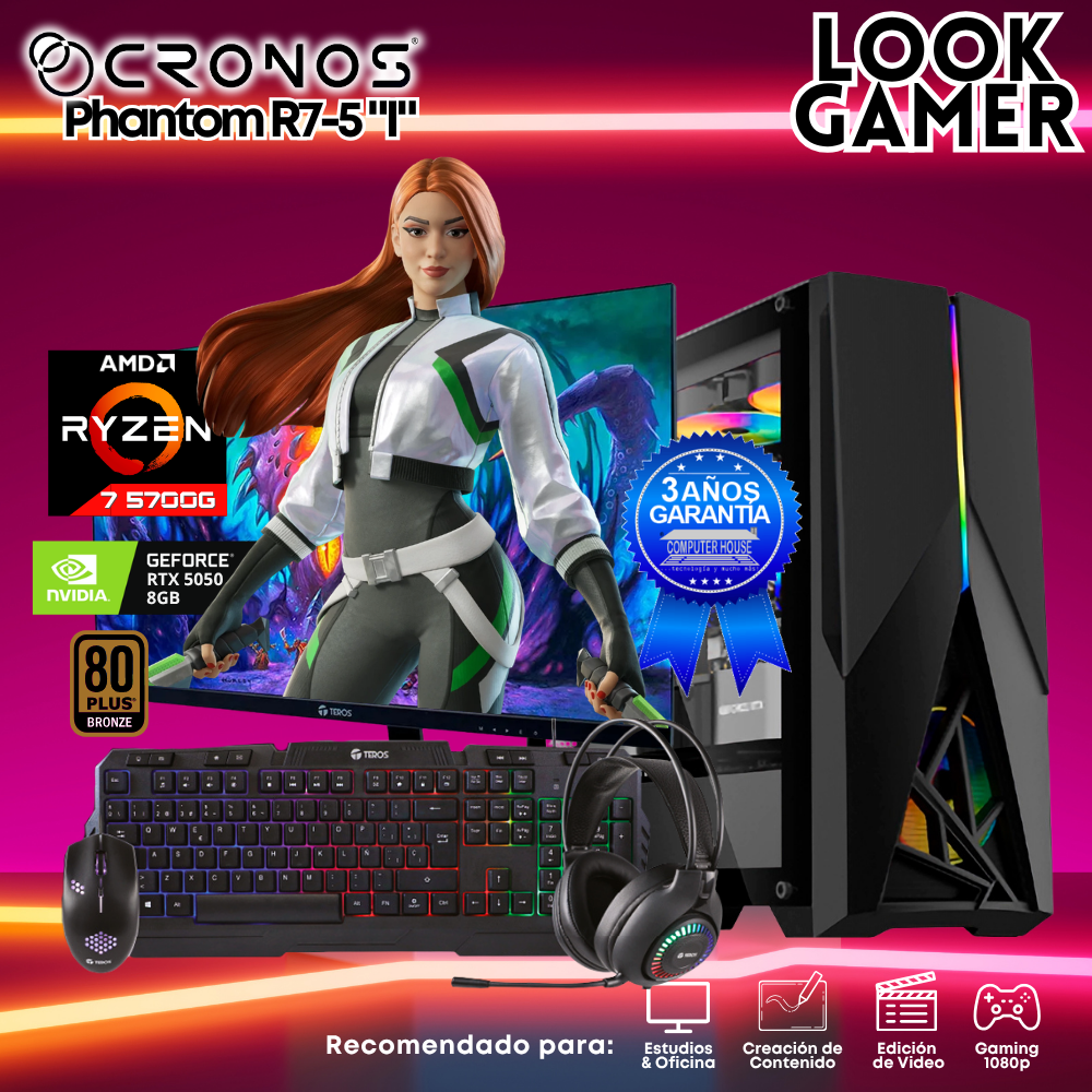 PC Look Gamer CRONOS Phantom R7-5 "I", RAM 16GB, SSD 1TB, RTX5050 8GB, Monitor 27″ FHD.