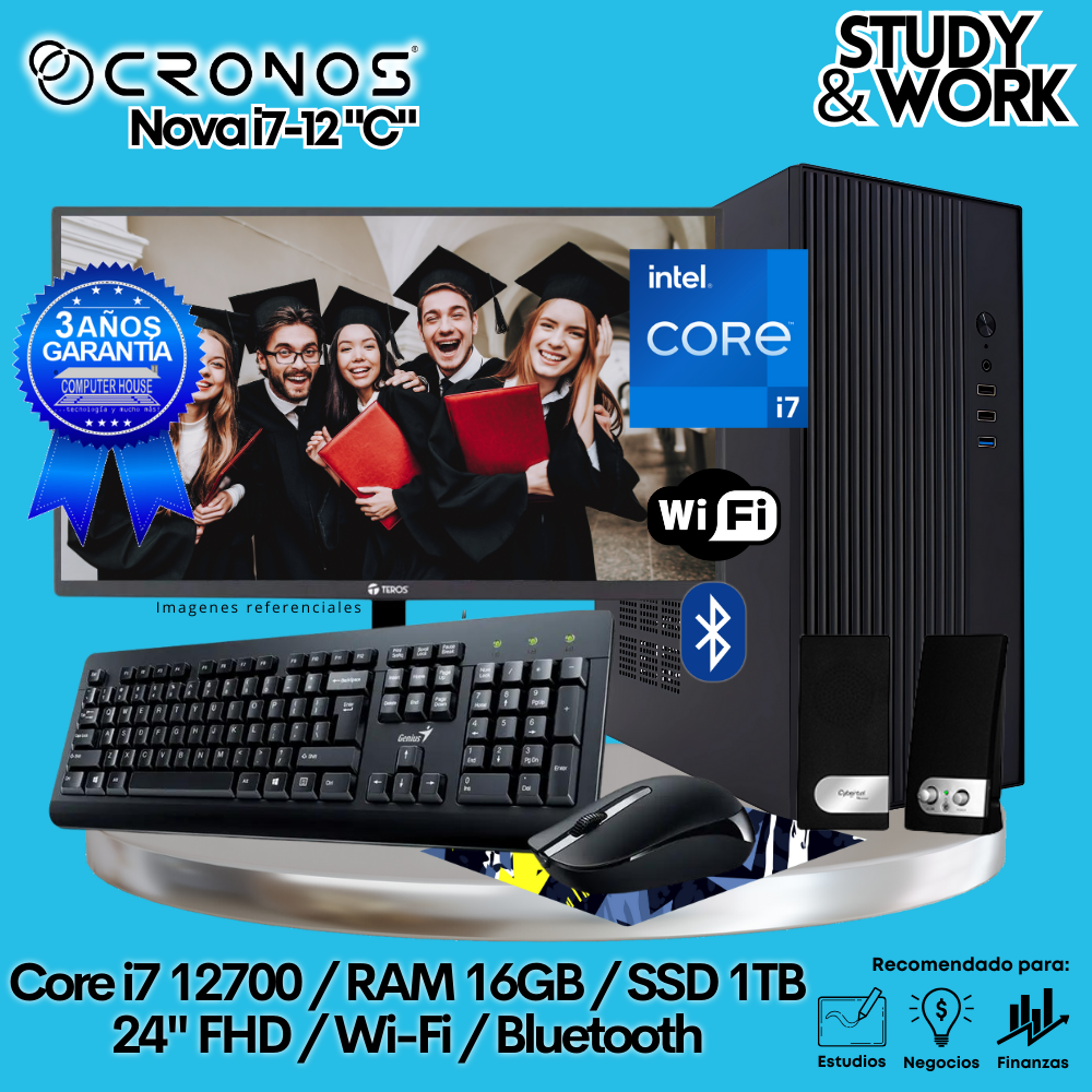PC CRONOS Nova i7-12 "C", 16GB RAM, 500GB SSD, 24″ FHD Monitor, Wi-Fi, Keyboard + Mouse Kit, Speakers or Headphones.