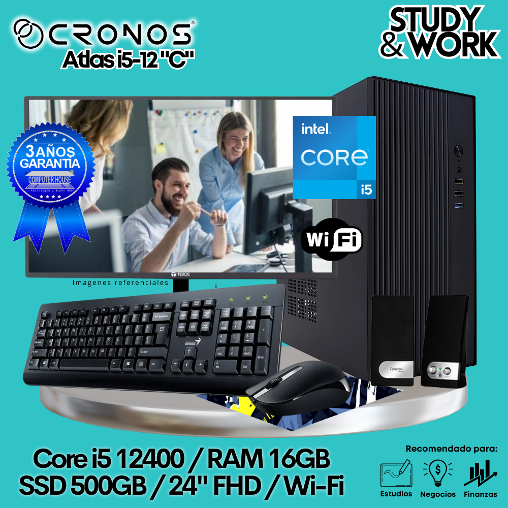 PC CRONOS Atlas i5-12 "C", 16GB RAM, 500GB SSD, 24″ FHD Monitor, Wi-Fi, Keyboard + Mouse Kit, Speakers or Headphones.