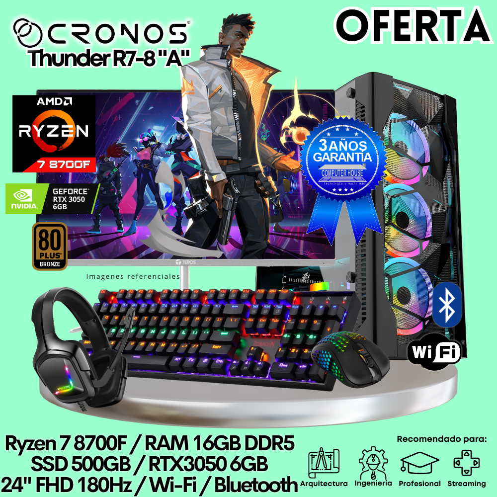 OFERTA: PC Xtreme CRONOS Thunder R7-8 "A", RAM 16GB DDR5, SSD 500GB, RTX3050 6GB, Monitor 24″ FHD 180Hz, Wi-Fi & Bluetooth.