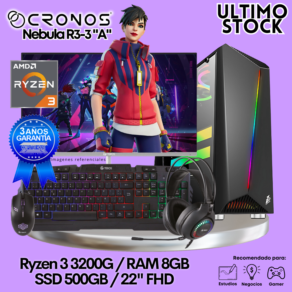 Latest Stock: PC Look Gamer CRONOS Nebula R3-3 "A", RAM 8GB, SSD 500GB, 22″ FHD Monitor.