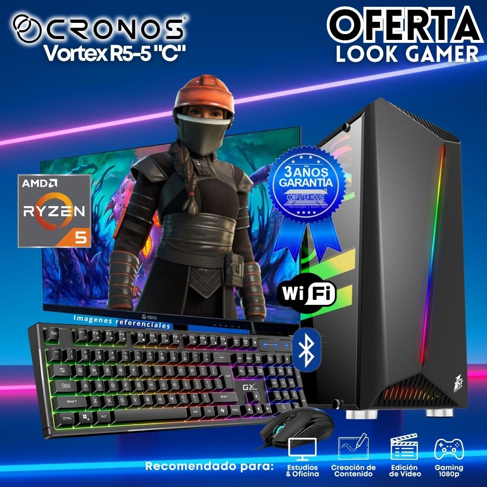 OFERTA: PC Look Gamer CRONOS Optimus R5-5 "C", RAM 16GB, SSD 1TB, Monitor 27″ FHD, Wi-Fi & Bluetooth, Kit Teclado + Mouse, Parlantes.