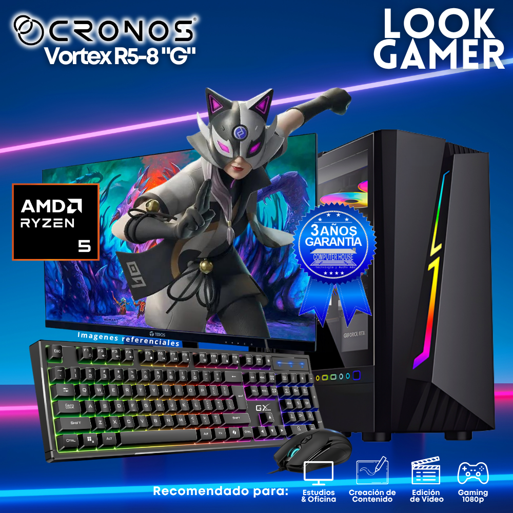 PC Look Gamer CRONOS Vortex R5-8 "G", RAM 16GB DDR5, SSD 1TB, Monitor 27″ FHD.