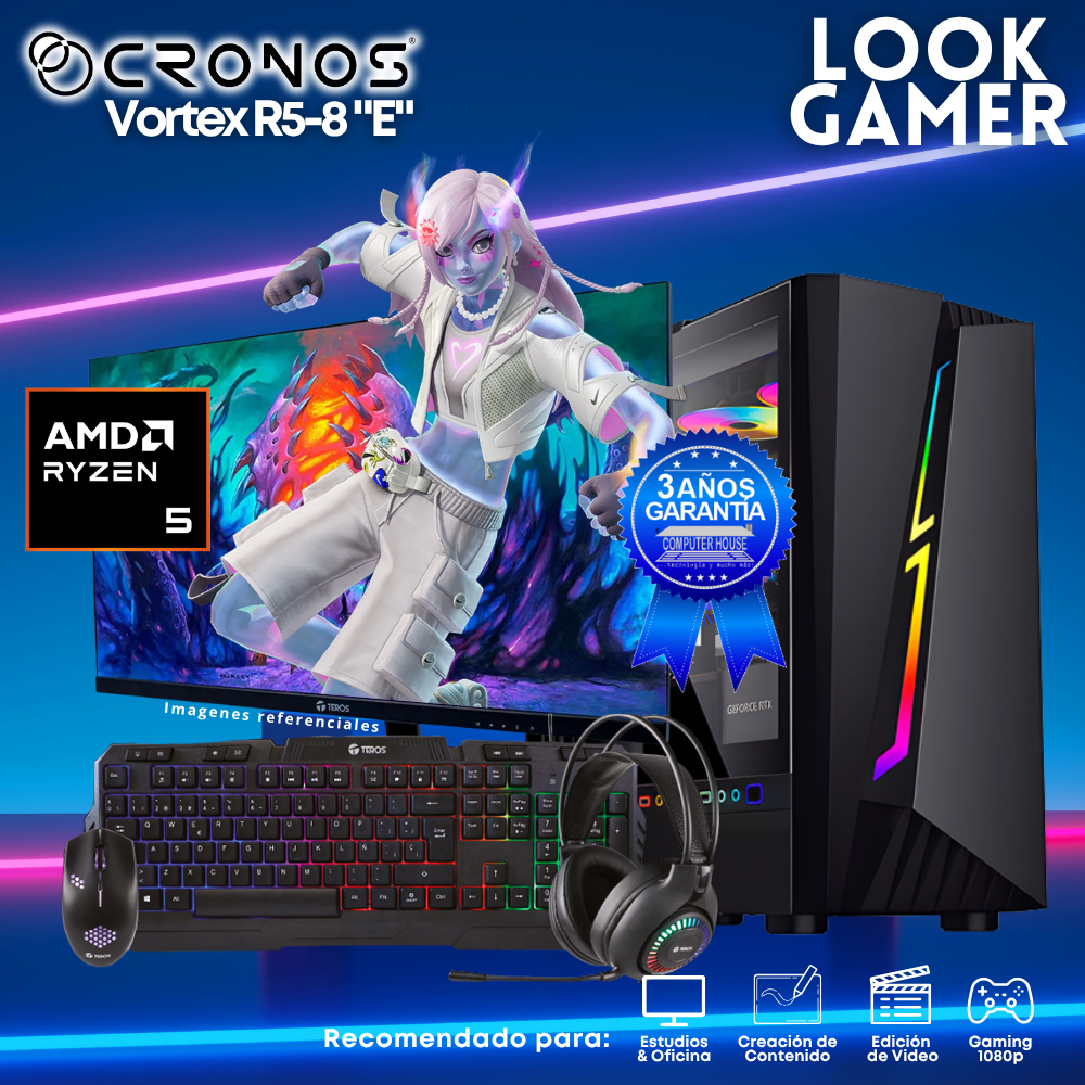 PC Look Gamer CRONOS Vortex R5-8 "E", RAM 8GB DDR5, SSD 500GB, Monitor 24″ FHD.