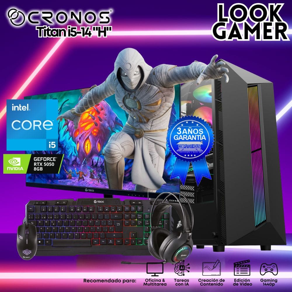 PC Look Gamer CRONOS Titan i5-14 "H", RAM 16GB, SSD 1TB, Monitor 27″ FHD, Nvidia GeForce RTX5050 8GB.