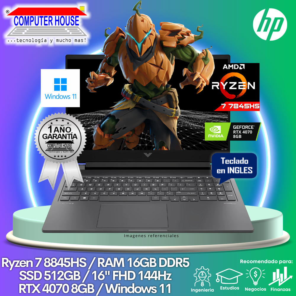 Laptop HP Victus, Ryzen 7-8845HS, RAM 16GB DDR5, SSD 512GB, Video RTX4070 8GB, 16″ FHD 144HZ, Teclado en Inglés, Windows 11.