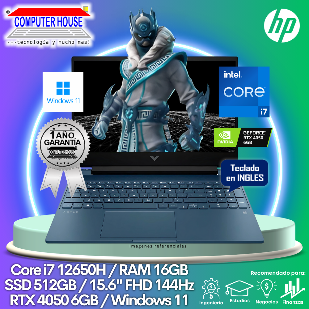 Laptop HP Victus, Core I7-12650H, RAM 16GB, SSD 512GB, Video RTX4050 6GB, 15.6″ FHD 144HZ, Teclado en Inglés, Windows 11.