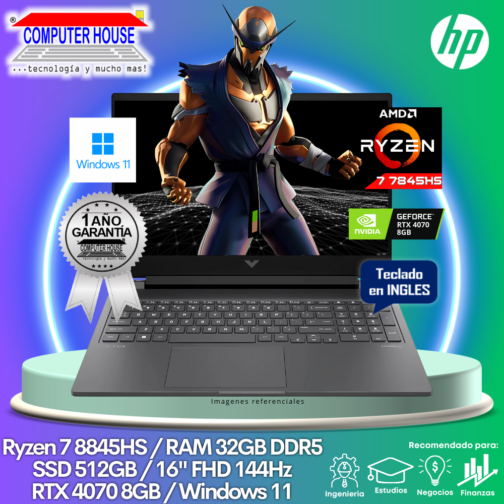 Laptop HP Victus, Ryzen 7-8845HS, RAM 32GB DDR5, SSD 512GB, Video RTX4070 8GB, 16″ FHD 144HZ, Teclado en Inglés, Windows 11.