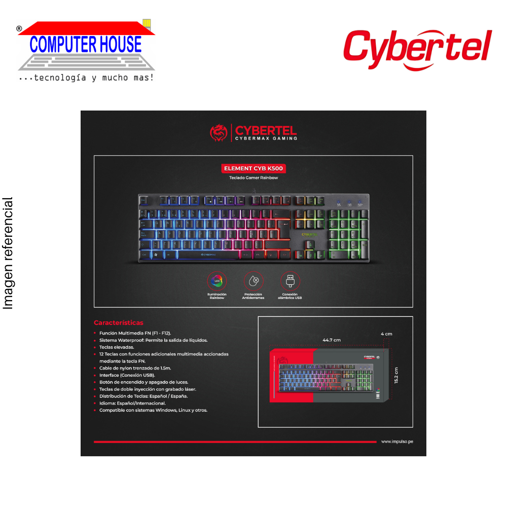 Teclado Gamer Alámbrico CYBERTEL Element CYB K500, Conexión USB-A.