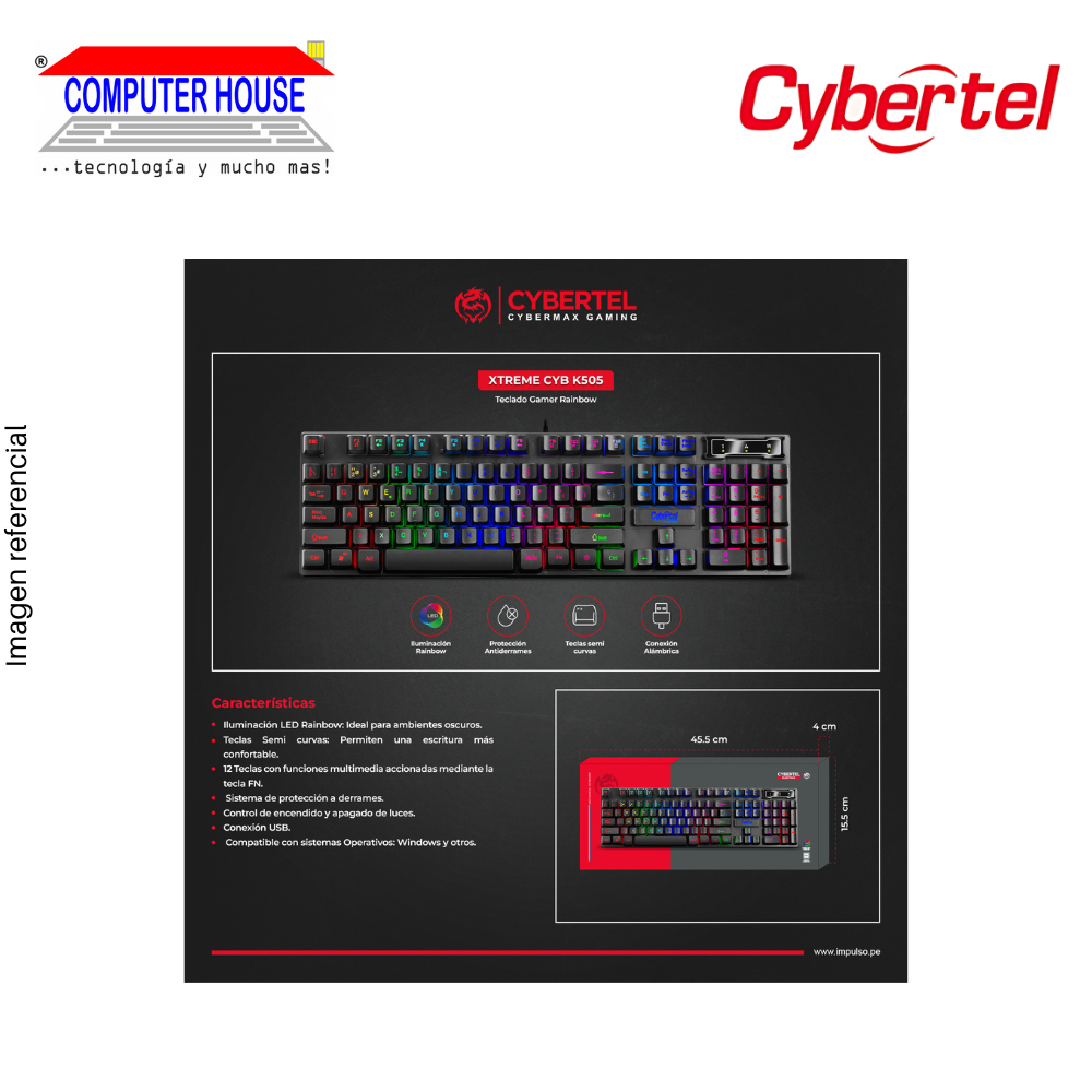 Teclado Gamer Alámbrico CYBERTEL Xtreme K505W, Black, Conexión USB-A.