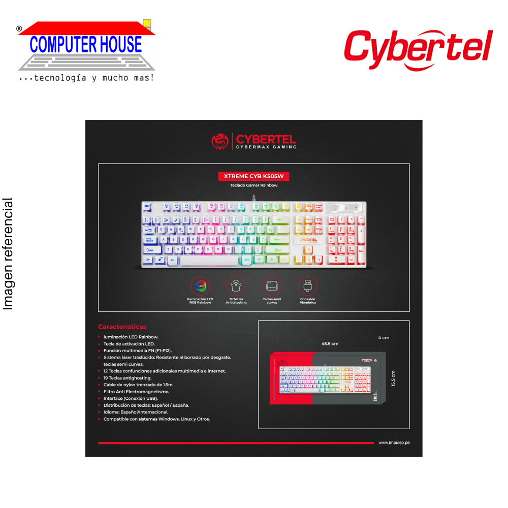 Teclado Gamer Alámbrico CYBERTEL Xtreme K505W, White, Conexión USB-A.