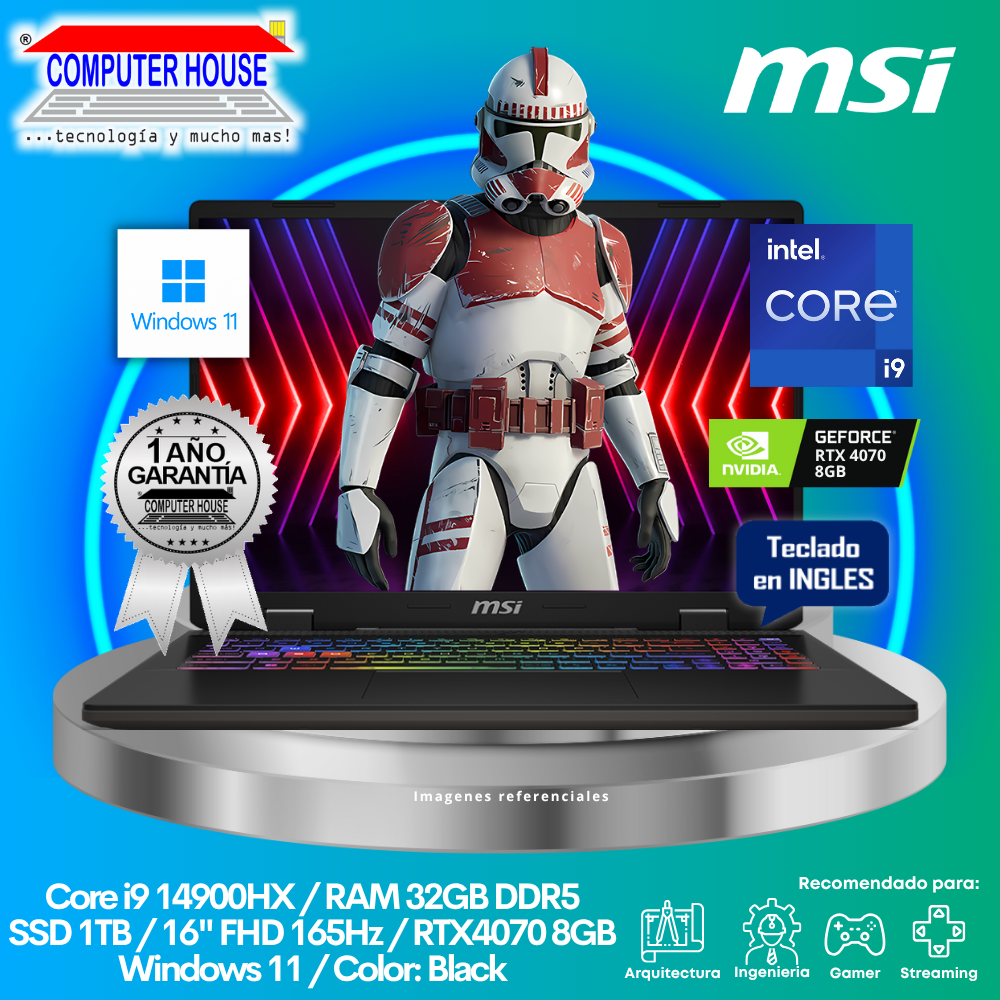 Laptop MSI Sword 16, Core i9-14900HX, RAM 32GB DDR5, SSD 1TB, Video RTX4070 8GB, 16" FHD 165Hz, Teclado en Inglés, Windows 11.