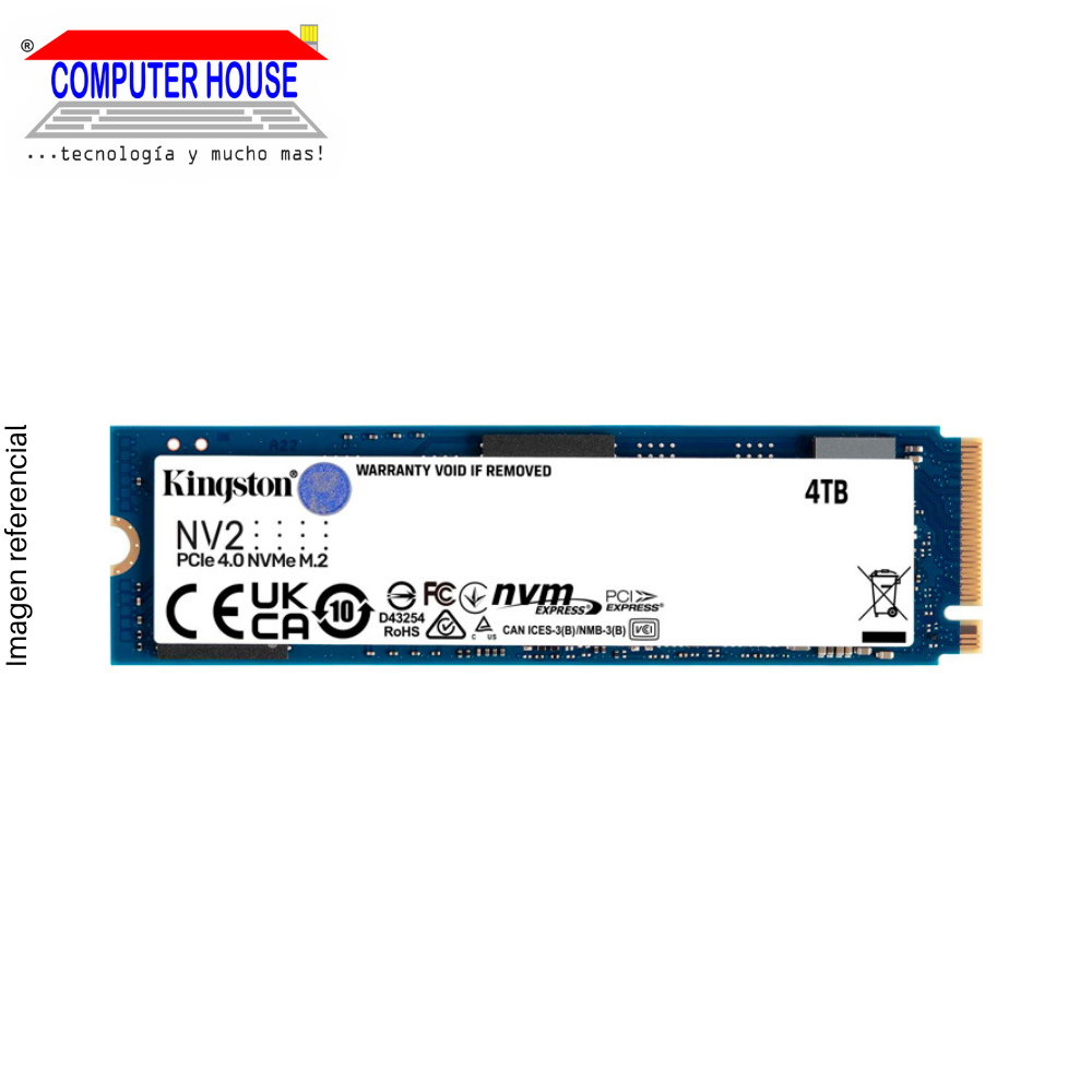 Disco Sólido SSD M.2 NVMe PCIe KINGSTON 4TB, NV2 (Lectura máxima 3500Mb/s, Escritura máxima 2800Mb/s).