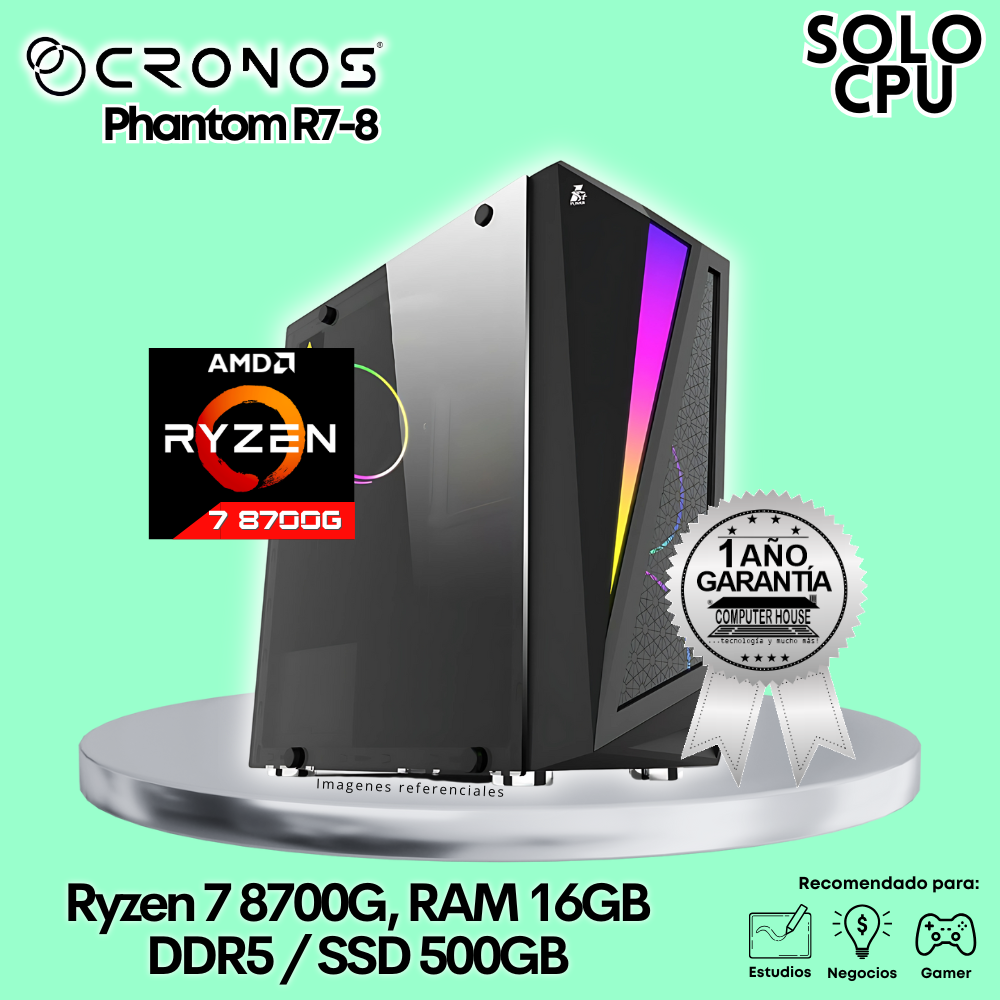 Solo CPU: Look Gamer CRONOS Phantom R7-8, RAM 16GB DDR5, SSD 500GB.
