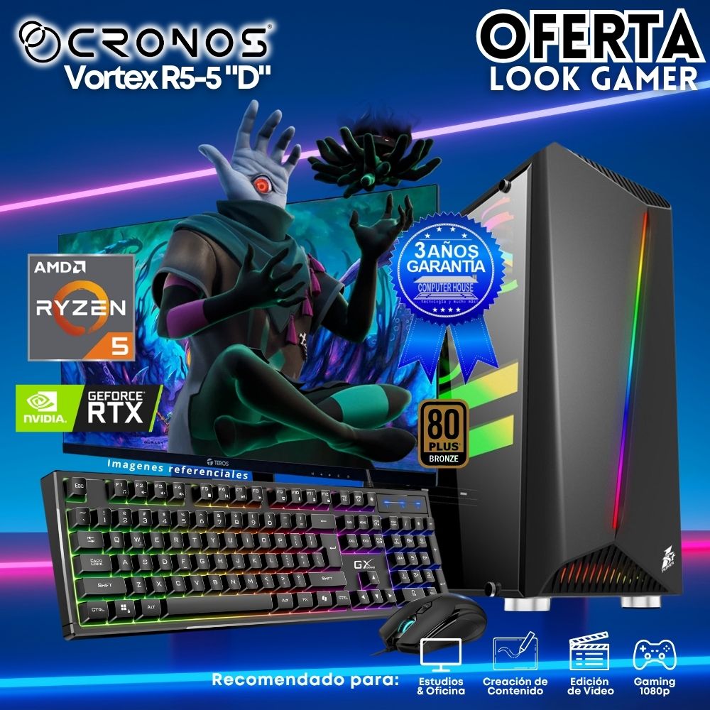 OFERTA: PC Look Gamer CRONOS Optimus R5-5 "D", RAM 16GB, SSD 500GB, Nvidia GeForce RTX3050 6GB, Monitor 27″ FHD, Kit Teclado + Mouse, Parlantes.